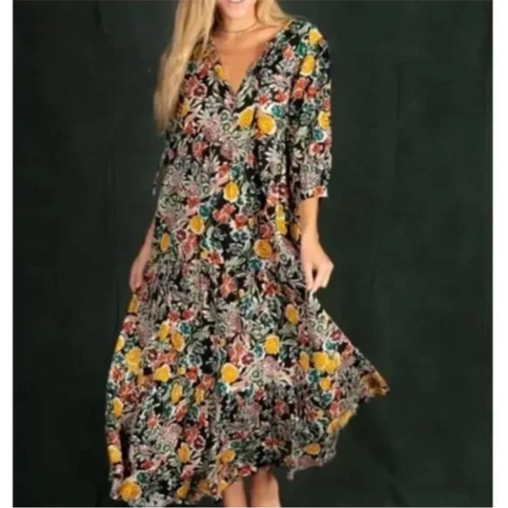 Natural Life Dress XS Small Sage Tiered Floral V Neck Maxi Boho Peasant